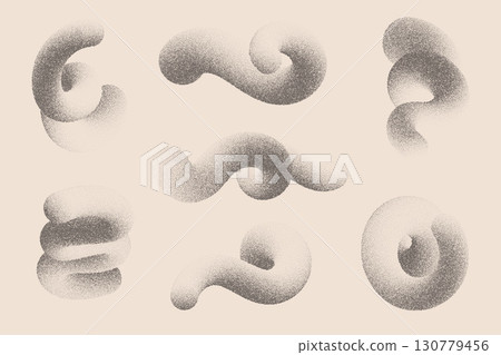 Stipple gradient shapes. 3D swirl lines with noise. Grainy geometric spirals with sand effect. Halftone trendy curved organic objects for modern posters and graphic design. Vector illustration Stipple gradient shapes. 3D swirl lines with noise. Grainy geometric spirals with sand effect. Halftone trendy curved organic objects for modern posters and graphic design. Vector illustration 130779456
