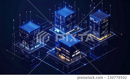 Futuristic digital cityscape featu interconnected high-rise buildings with glowing blue lighting, technology grids, and holographic connections on a dark background 130779502