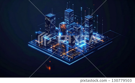 Futuristic digital cityscape with illuminated skyscrapers and interconnected data lines representing technological innovation and smart urban environments at night 130779503