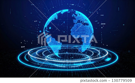 Highly detailed digital globe with interconnected glowing data network circles representing global connectivity and technological innovation visualization for digital theme 130779509