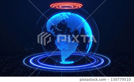 Digital futuristic Earth globe with glowing continents and s representing technology and connectivity in a high-tech dark background for innovation concepts 130779510