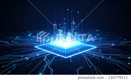 Futuristic digital microchip with glowing blue cityscape and connecting lines representing advanced technology and innovation in digital communications 130779511