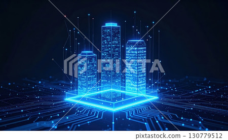 Advanced digital technology concept illustrating interconnected futuristic skyscrapers with glowing network lines and data points on a dark background 150 characters 130779512