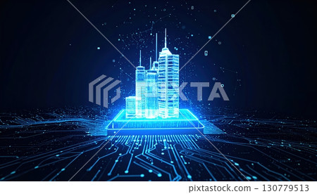 Futuristic digital glowing cityscape with skyscrapers and technological grid in a digital virtual environment representing innovation and smart urban development 130779513