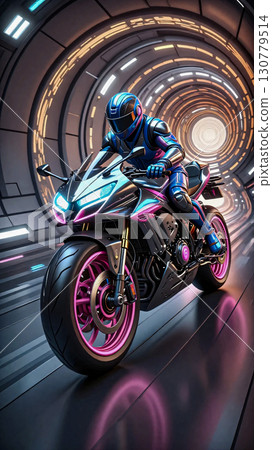 Futuristic motorcyclist in cyberpunk tunnel. Futuristic motorcyclist rides through a neon-lit, circular tunnel with a cyberpunk aesthetic. 130779514