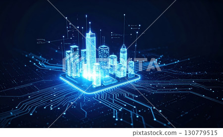 Futuristic digital cityscape depicting illuminated skyscrapers connected by glowing data lines in a high-tech smart city environment with a dark background Futuristic digital cityscape depicting illuminated skyscrapers connected by glowing data lines in a high-tech smart city environment with a dark background 130779515