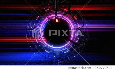 Abstract futuristic digital technology background with vibrant neon lights and glowing circular shapes in a dark setting for digital art and sci-fi themes 130779600