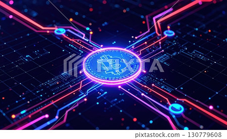 Futuristic digital bitcoin symbol surrounded by neon lines and circuit connections on a dark technological background representing cryptocurrency technology 130779608