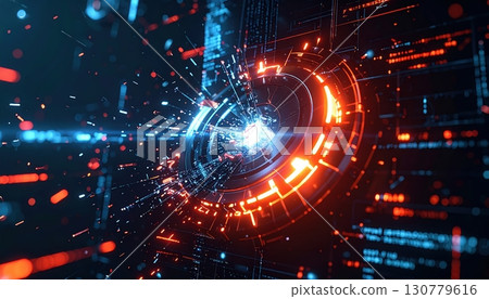 Futuristic digital technology display with glowing circular interface, vibrant data visualization, and laser effects illustrating advanced innovation and high-tech concepts 130779616