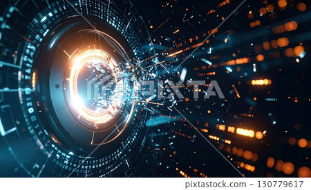 Futuristic digital technology concept background with glowing circular interface and particle effects for innovation and high-tech environments 130779617