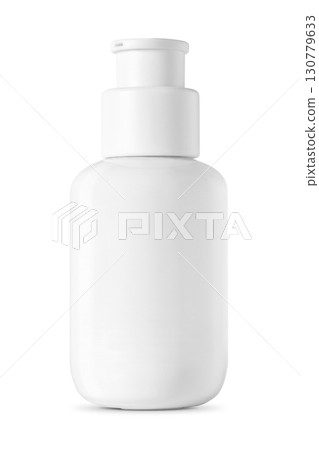 White plastic pump bottle isolated on white background, minimal design for cosmetic or skincare packaging 130779633
