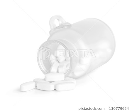 White tablets spilling from a transparent plastic bottle on white background, clean pharmaceutical concept 130779634