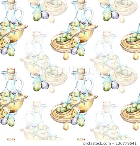 Olives and olive oil seamless pattern background wallpaper featuring delicate watercolor illustrations capturing the essence of Italian cuisine nature and beauty in nutritious food art 130779641
