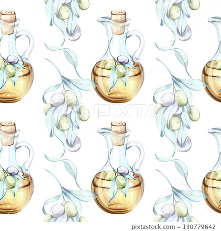 Seamless pattern of olives and olive oil in watercolor technique featuring elements of Italian cuisine and nature for elegant background or wallpaper design 130779642