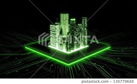 Futuristic Digital Cityscape with Green Neon Skyline on Black Background for Smart Urban Planning Visualization 130779688