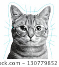 Stylish Cat with Glasses in Halftone Textured Art , Modern, High-Resolution, White Background 130779852