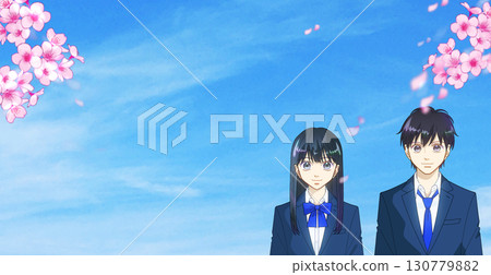 Cherry blossoms in full bloom, anime-style illustration of hopeful high school or junior high school students, with space to the left Cherry blossoms in full bloom, anime-style illustration of hopeful high school or junior high school students, with space to the left 130779882