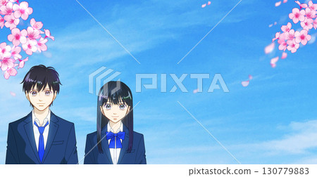 Cherry blossoms in full bloom, anime-style illustration of hopeful high school or junior high school students, male and female, with space to the right Cherry blossoms in full bloom, anime-style illustration of hopeful high school or junior high school students, male and female, with space to the right 130779883