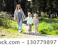 young mother with twins daughters outside having fun 130779897