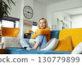 an adult woman working in home interior, lifestyle people concept 130779899