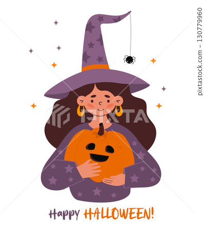 Halloween Cute Witch Girl In Hat with Spider and Pumpkin lantern Jack. Autumn holiday Happy female Character. Vector illustration. Not AI Halloween Cute Witch Girl In Hat with Spider and Pumpkin lantern Jack. Autumn holiday Happy female Character. Vector illustration. Not AI 130779960