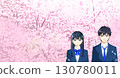 Cherry blossoms in full bloom, anime-style illustration of hopeful high school or junior high school students, with space to the left 130780011