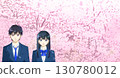 Cherry blossoms in full bloom, anime-style illustration of hopeful high school or junior high school students, male and female, with space to the right 130780012