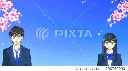 Cherry blossoms in full bloom, anime-style illustration of hopeful high school or junior high school students, boys and girls 130780060