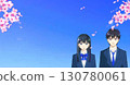 Cherry blossoms in full bloom, anime-style illustration of hopeful high school or junior high school students, with space to the left 130780061