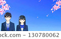 Cherry blossoms in full bloom, anime-style illustration of hopeful high school or junior high school students, male and female, with space to the right 130780062