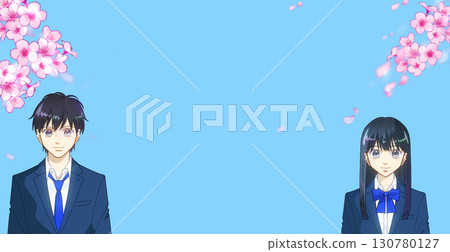Cherry blossoms in full bloom, anime-style illustration of hopeful high school or junior high school students, boys and girls Cherry blossoms in full bloom, anime-style illustration of hopeful high school or junior high school students, boys and girls 130780127