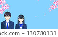 Cherry blossoms in full bloom, anime-style illustration of hopeful high school or junior high school students, male and female, with space to the right 130780131