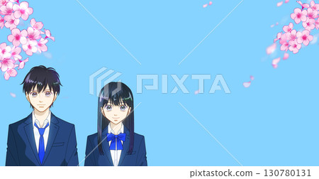 盛開的櫻花，充滿希望的高中生或國中生的動漫風格插圖，有男生和女生，右側有空白 130780131