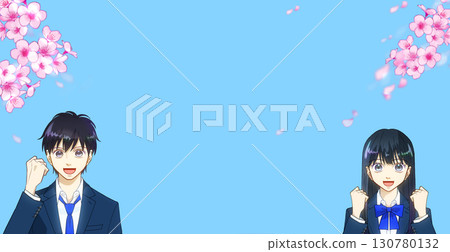 櫻花盛開，充滿希望的高中生或國中生、男孩和女孩的動漫風格插圖 130780132