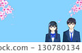 Cherry blossoms in full bloom, anime-style illustration of hopeful high school or junior high school students, with space to the left 130780134