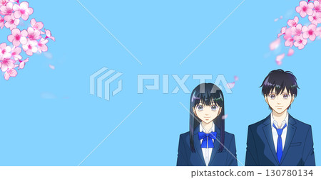 Cherry blossoms in full bloom, anime-style illustration of hopeful high school or junior high school students, with space to the left 130780134
