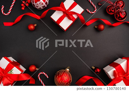 Christmas Flat Lay with Gift Boxes, Red Ornaments Christmas Flat Lay with Gift Boxes, Red Ornaments 130780140