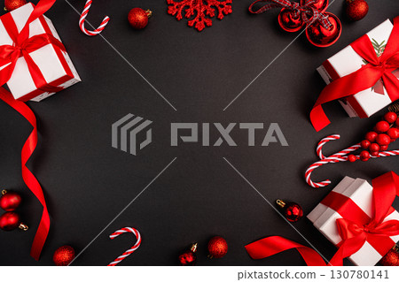 Christmas Flat Lay with Gift Boxes, Red Ornaments Christmas Flat Lay with Gift Boxes, Red Ornaments 130780141