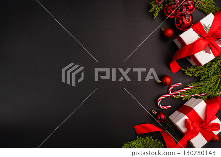 Christmas Flat Lay with Gift Boxes, Red Ornaments Christmas Flat Lay with Gift Boxes, Red Ornaments 130780143