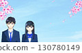 Cherry blossoms in full bloom, anime-style illustration of hopeful high school or junior high school students, male and female, with space to the right 130780149