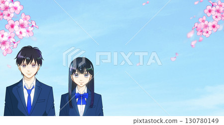 Cherry blossoms in full bloom, anime-style illustration of hopeful high school or junior high school students, male and female, with space to the right Cherry blossoms in full bloom, anime-style illustration of hopeful high school or junior high school students, male and female, with space to the right 130780149