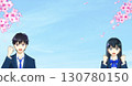Cherry blossoms in full bloom, anime-style illustration of hopeful high school or junior high school students, boys and girls 130780150