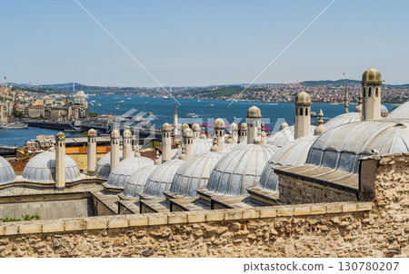 Galata district, Bosphorus strait and the Golden Horn through Suleymaniye Mosque, Istanbul, Turkey 130780207