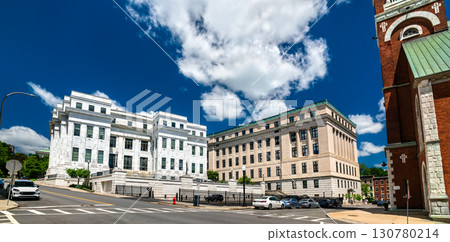 The white marble NY Court of Appeals and the Albany County Supreme Court buildings on a sunny day with a blue sky in downtown Albany, New York, USA The white marble NY Court of Appeals and the Albany County Supreme Court buildings on a sunny day with a blue sky in downtown Albany, New York, USA 130780214