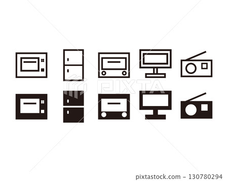 一組冰箱、微波爐、烤麵包機、電視和收音機圖標 130780294