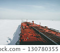 View from the captain's bridge to the deck of a large crude oil tanker sailing among the ice 130780355