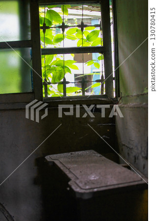 View from Abandoned Room Green Leaves Outside Window Xian Guang Village Taiwan. 130780415