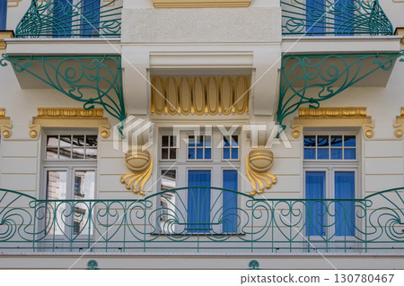 Detail of Art Noveau bulding, Karlovy Vary, Czechia Detail of Art Noveau bulding, Karlovy Vary, Czechia 130780467