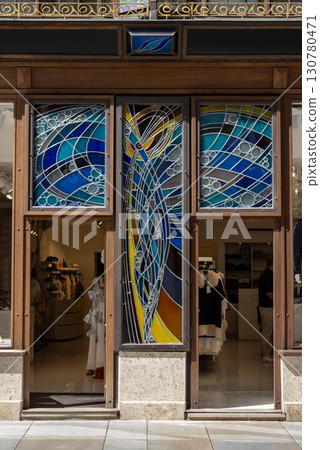 Shop exgterior with stained glass, Karlovy Vary, Czechia 130780471