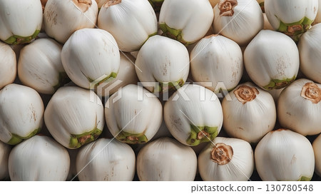 Arrangement of many peeled coconuts with white husks and green stems visible 130780548